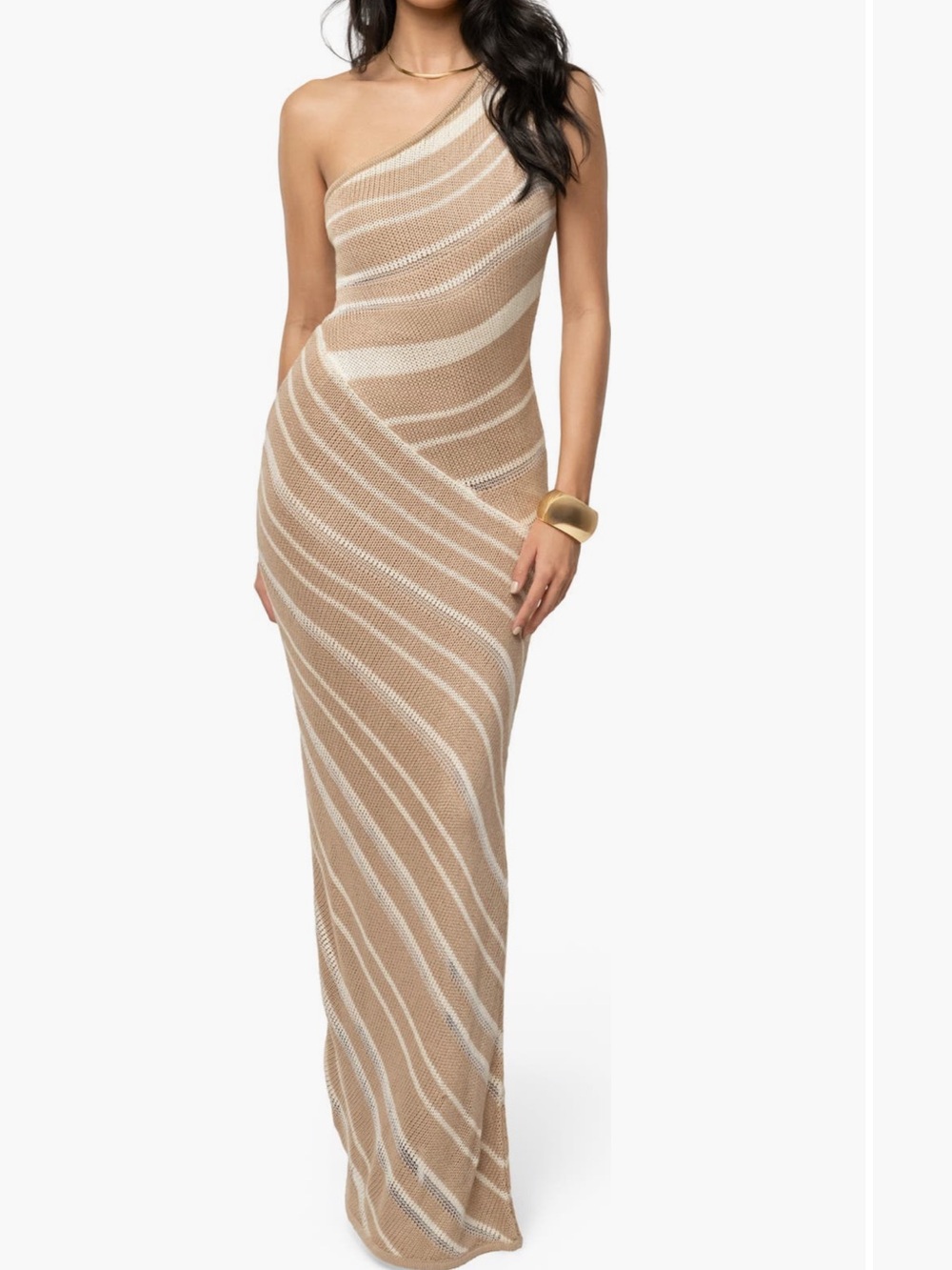 JLUXLABEL One-Shoulder Beige & Cream Striped Maxi Dress